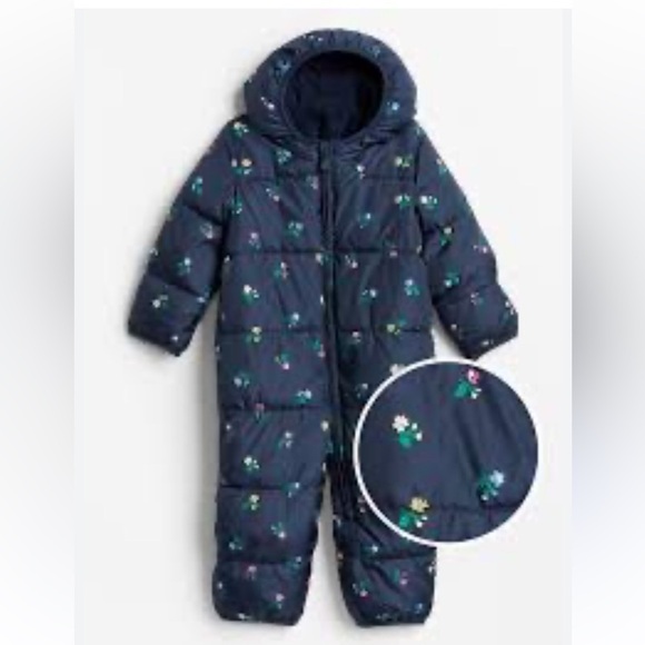 GAP Floral Navy Puffer Snowsuit BABY 8 to 12 months skiing snowboarding b35 - Picture 1 of 9